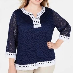 SALE 🔥Alfred Dunner Newport Smooth Crochet White Trim Blouse Boho Beach 3X